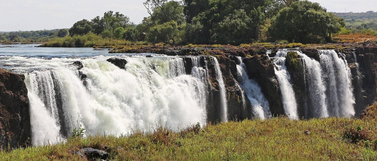 Victoria Falls seen at eye level from across the gorge: separate streams of white water pouring over dark basalt, with trees along the lip and a grassy bank in front.