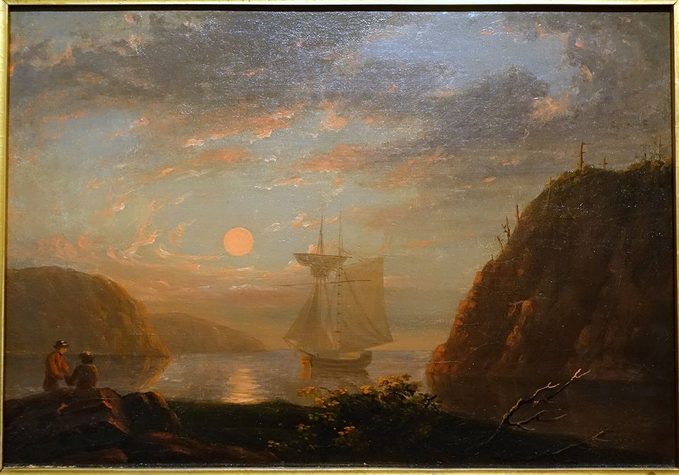 An oil painting of a moonlit sound with a sailing ship and dark hills
