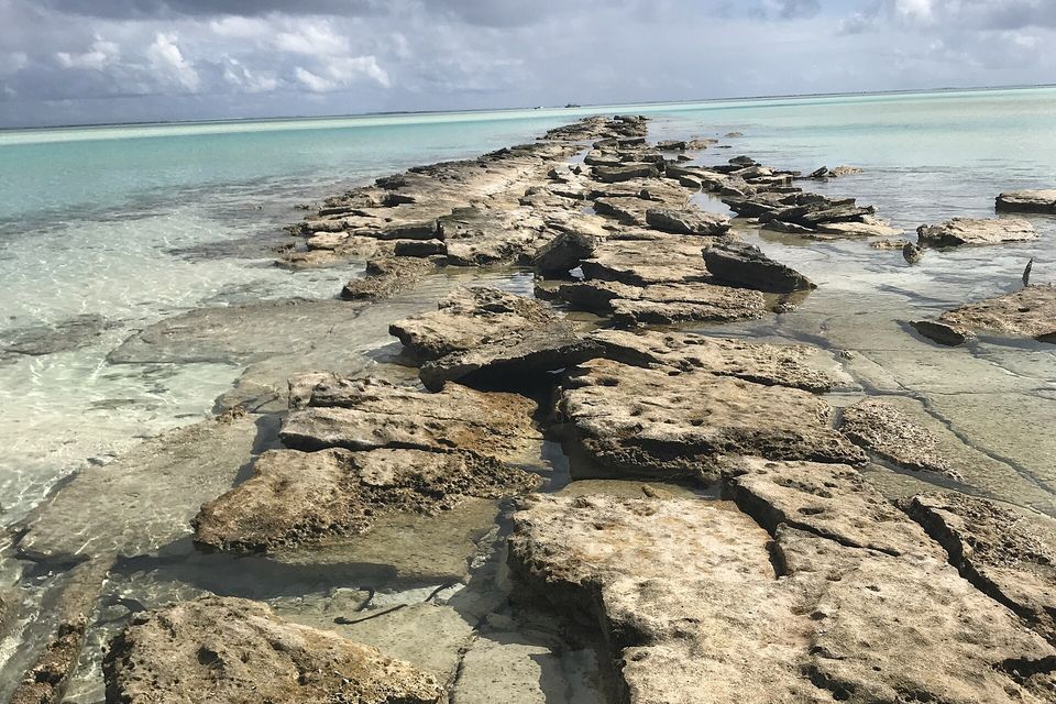 A reef flat of cracked coral rock running into the shallow water of Aitutaki's lagoon