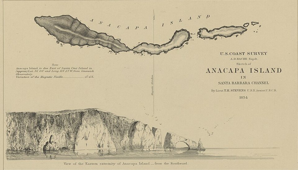 An engraved chart of a long, narrow island above a drawn profile of its cliffs, with a small arch and flocks of birds at the eastern end