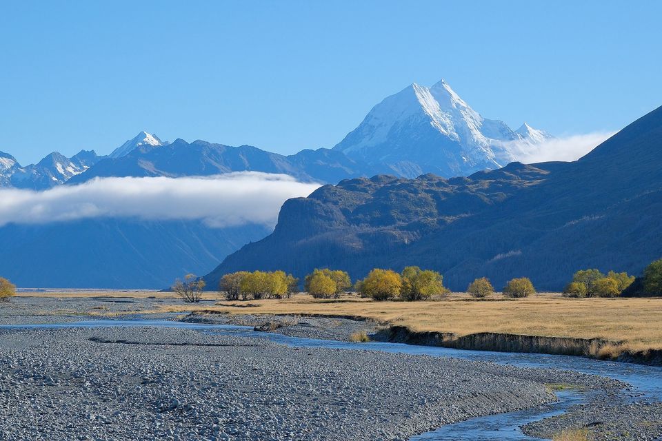 A snow-white pyramid peak above dark ranges and a band of cloud, golden willows and a braided stream across a stony flat below