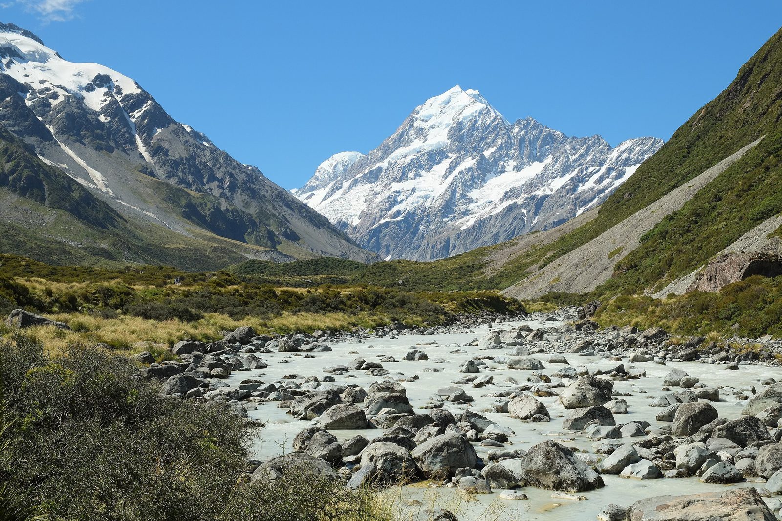 A snow-covered mountain at the head of a wide valley, a pale milky river running over boulders in the foreground and green tussock slopes on either side