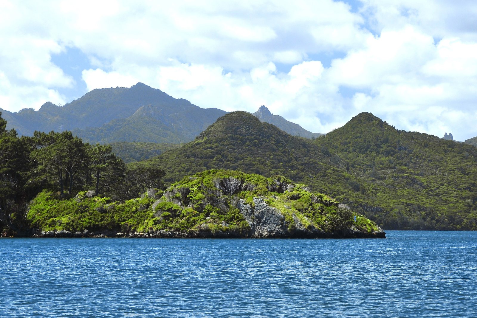 Bush-clad ridges rise in layers behind calm blue water, topped by jagged volcanic spires, with a mossy rock islet in front and bright cumulus