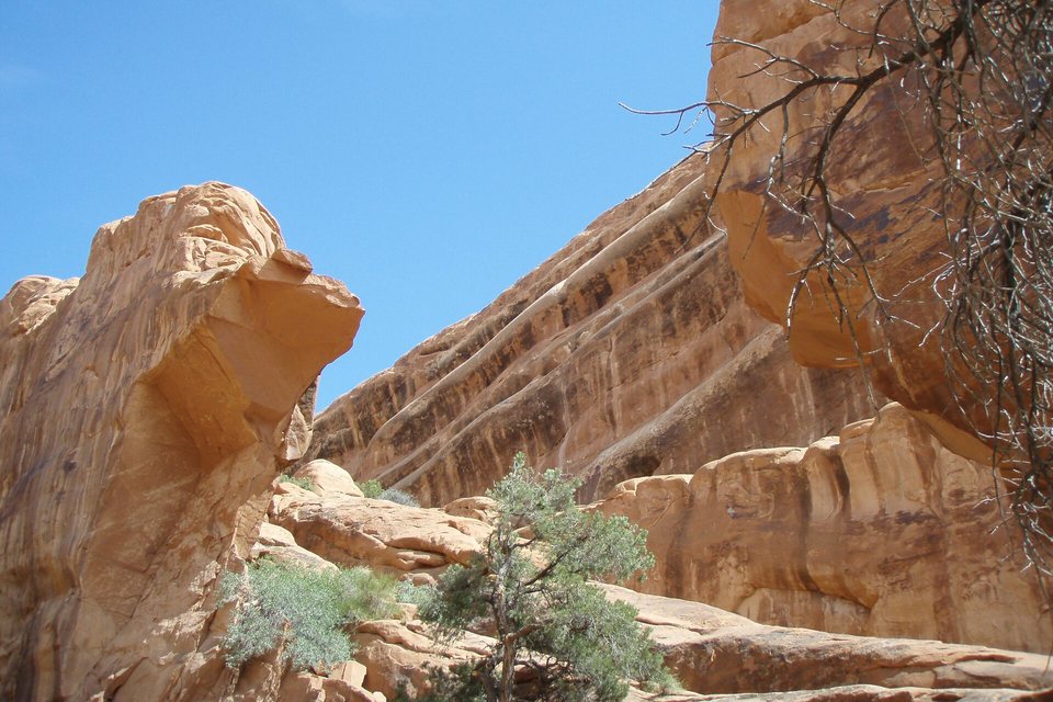 A tall orange sandstone fin with a broken stub of rock at the left and a wide gap of blue sky between it and the rock wall at the right, a small juniper tree below