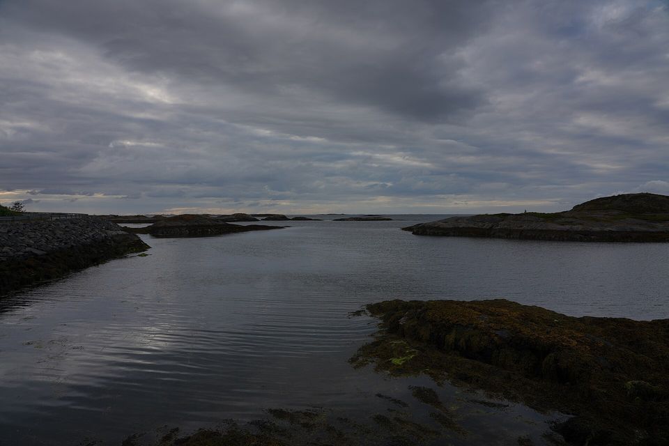 Flat dark rock skerries and a wet weedy shore around still grey water, a heavy layered sky over the open sea
