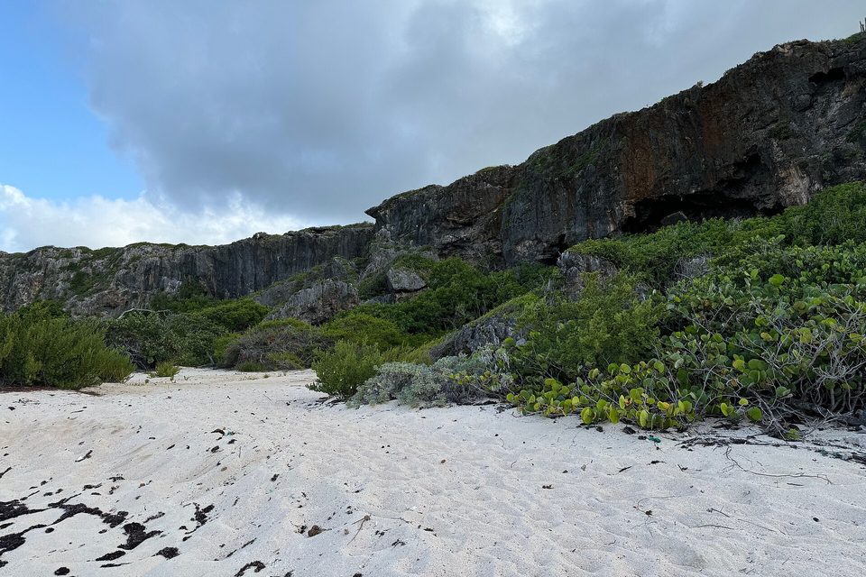 A dark limestone cliff with cave mouths rises above white sand and sea-grape scrub under heavy cloud