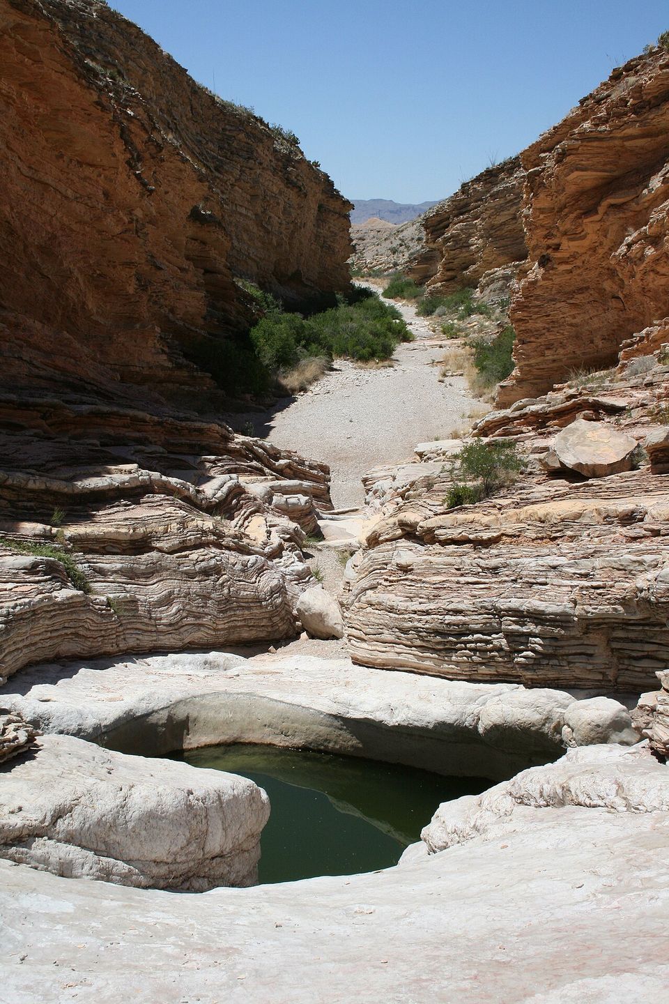 A pool of green water in a smooth white rock basin at the bottom of a narrow canyon with layered walls