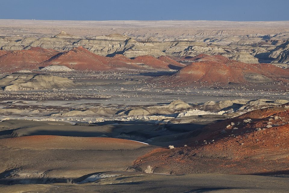 Rust-red mounds over grey shale in low light, stretching to a flat horizon