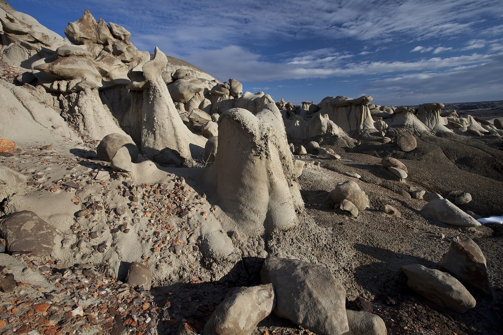 A crowd of pale mushroom-shaped hoodoos on a badland floor scattered with rust-coloured fragments, under a blue sky