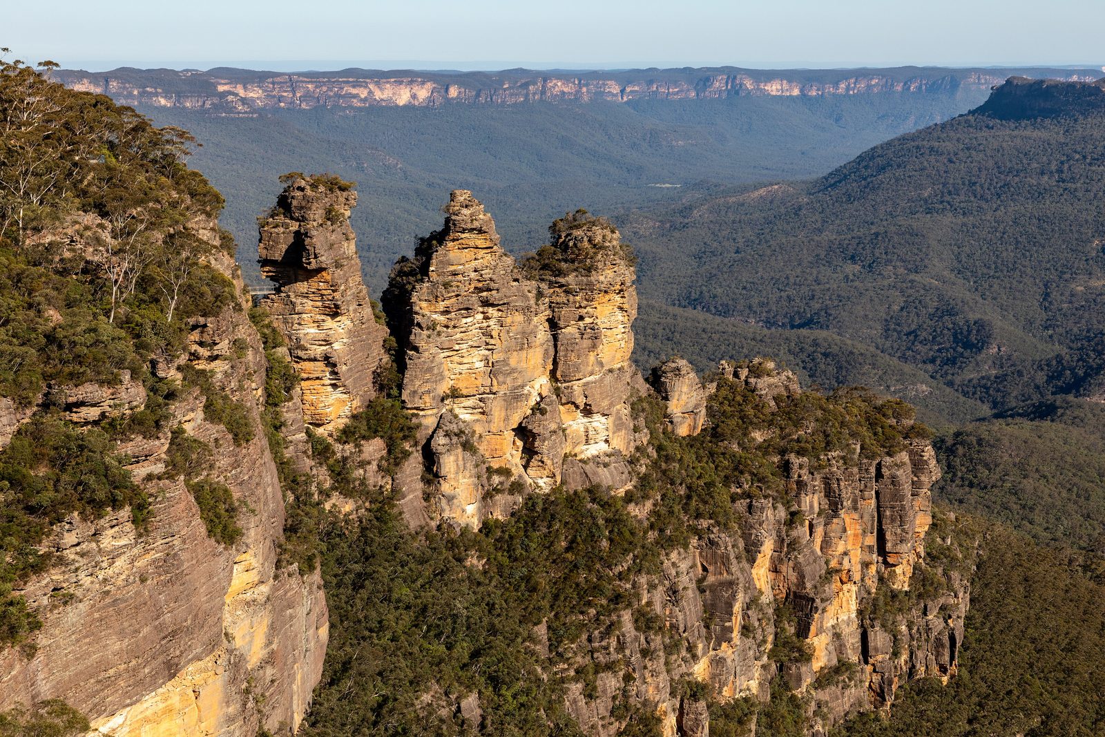 Three weathered sandstone pillars lit gold on a forested ridge, a wide wooded valley and a far line of cliffs behind