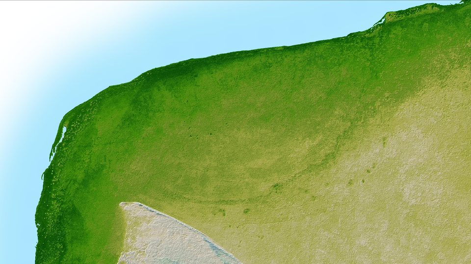 Colour-coded shaded-relief radar image of the northwest Yucatan coast, green lowland with a faint curved arc across the plain