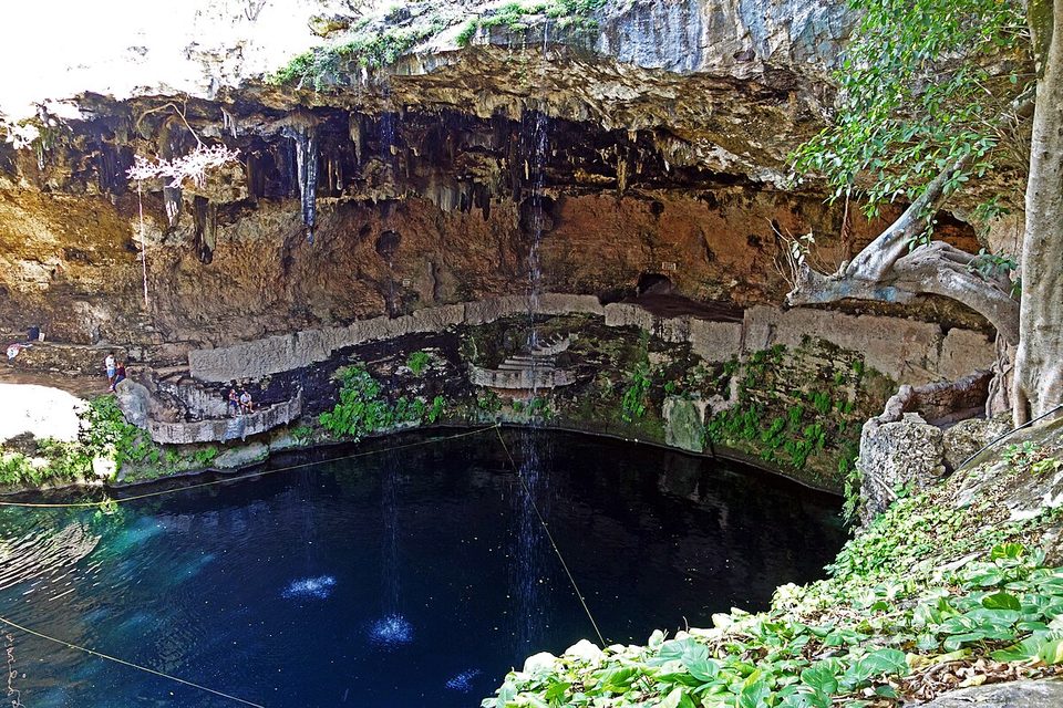 Dark blue water in an open cenote beneath an overhanging limestone rim hung with roots and vines, light coming in from above