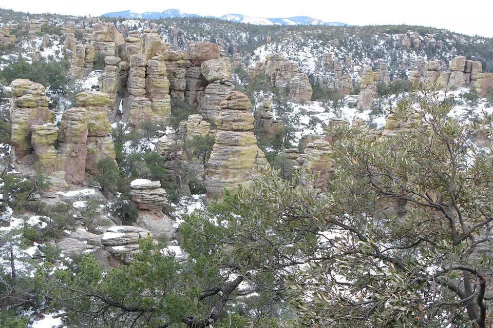 Grey stone columns dusted with snow, with snowy pine and oak woodland around them