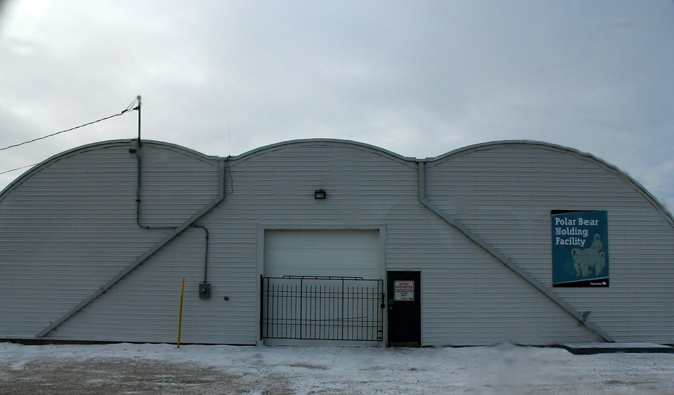 A long white arched building with a gated garage door and a sign reading Polar Bear Holding Facility, snow on the ground
