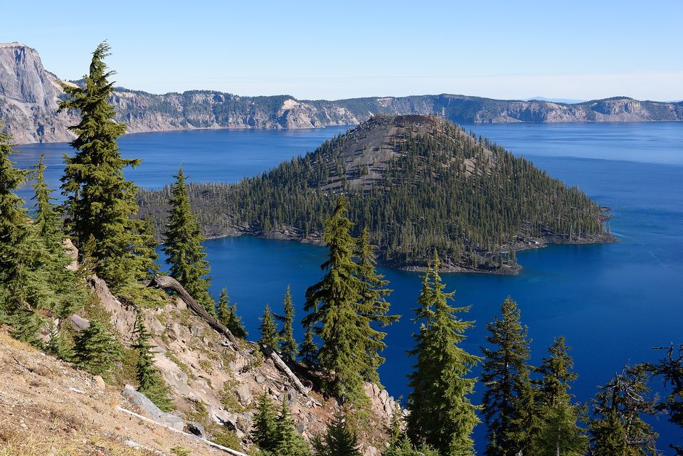 A tree-covered cinder cone with a pale scree crest standing in deep blue water, the far caldera rim behind and conifers in the foreground