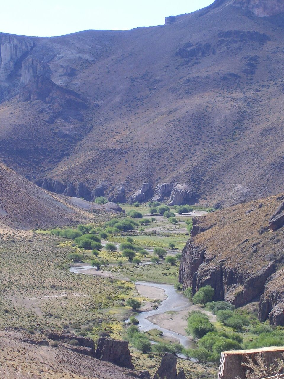 A deep canyon with a thread of river and green floor below cliffs