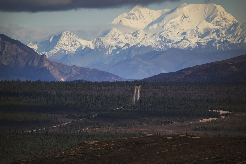 A narrow road crossing dark spruce forest towards snow-covered mountains under a grey sky
