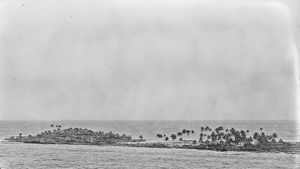 A black-and-white photograph of a low islet with coconut palms across choppy water under a pale sky