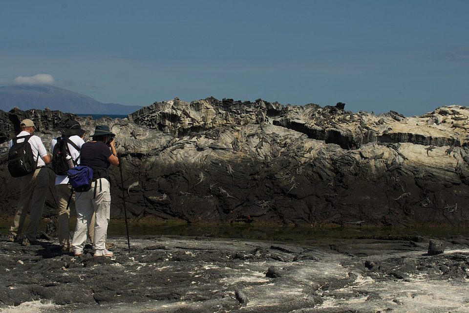 Three visitors with backpacks and cameras standing on black lava rock by the water