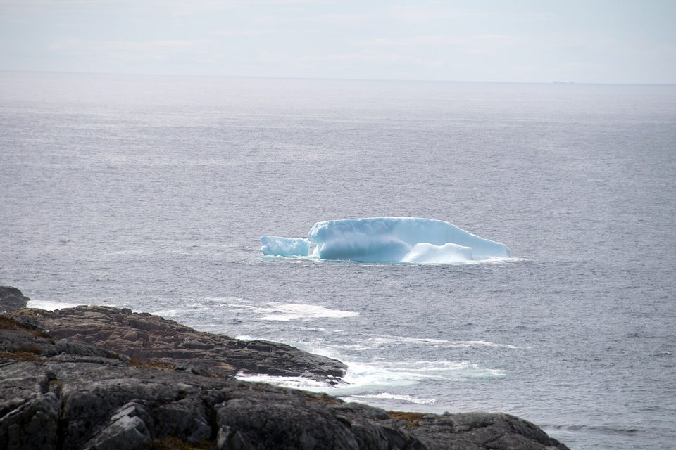 A blue-white iceberg floats on a grey sea beyond a dark, rocky shoreline washed by surf