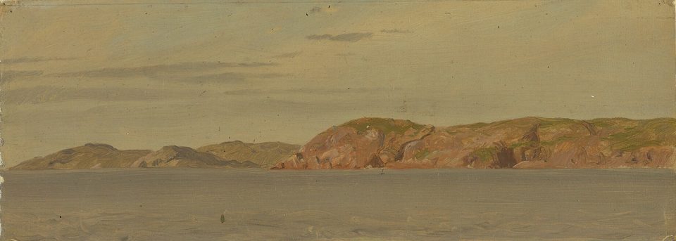 An oil sketch of a low reddish headland with green slopes above a calm grey sea, under a pale sky