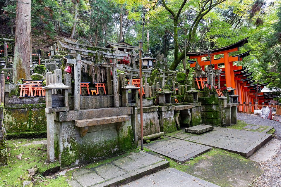 Moss-covered stone lanterns and small shrines among trees, with miniature red torii and full-size torii at the right