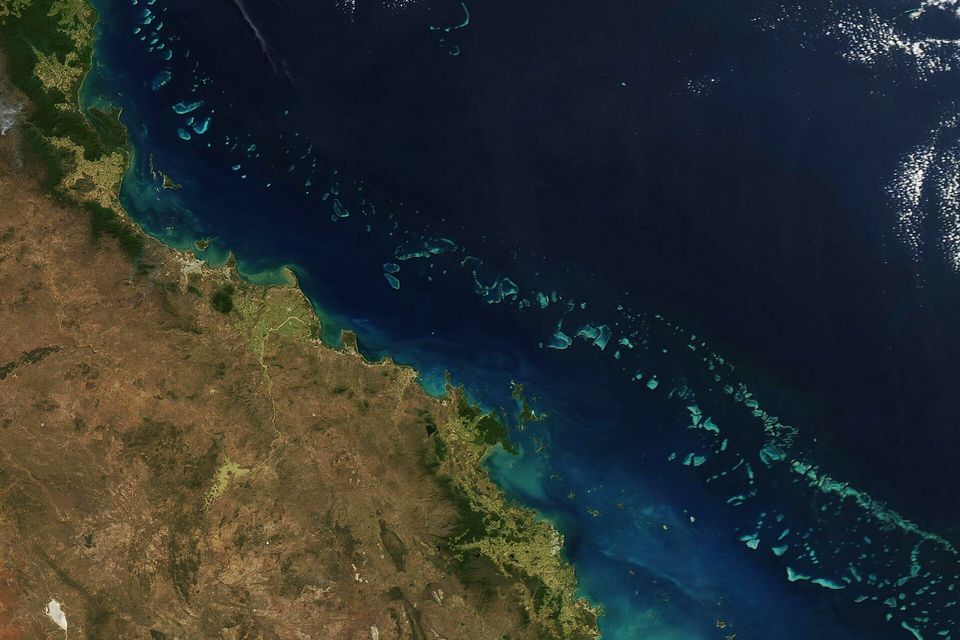 A satellite image with brown land at left and a chain of turquoise reefs along the edge of dark blue deep water