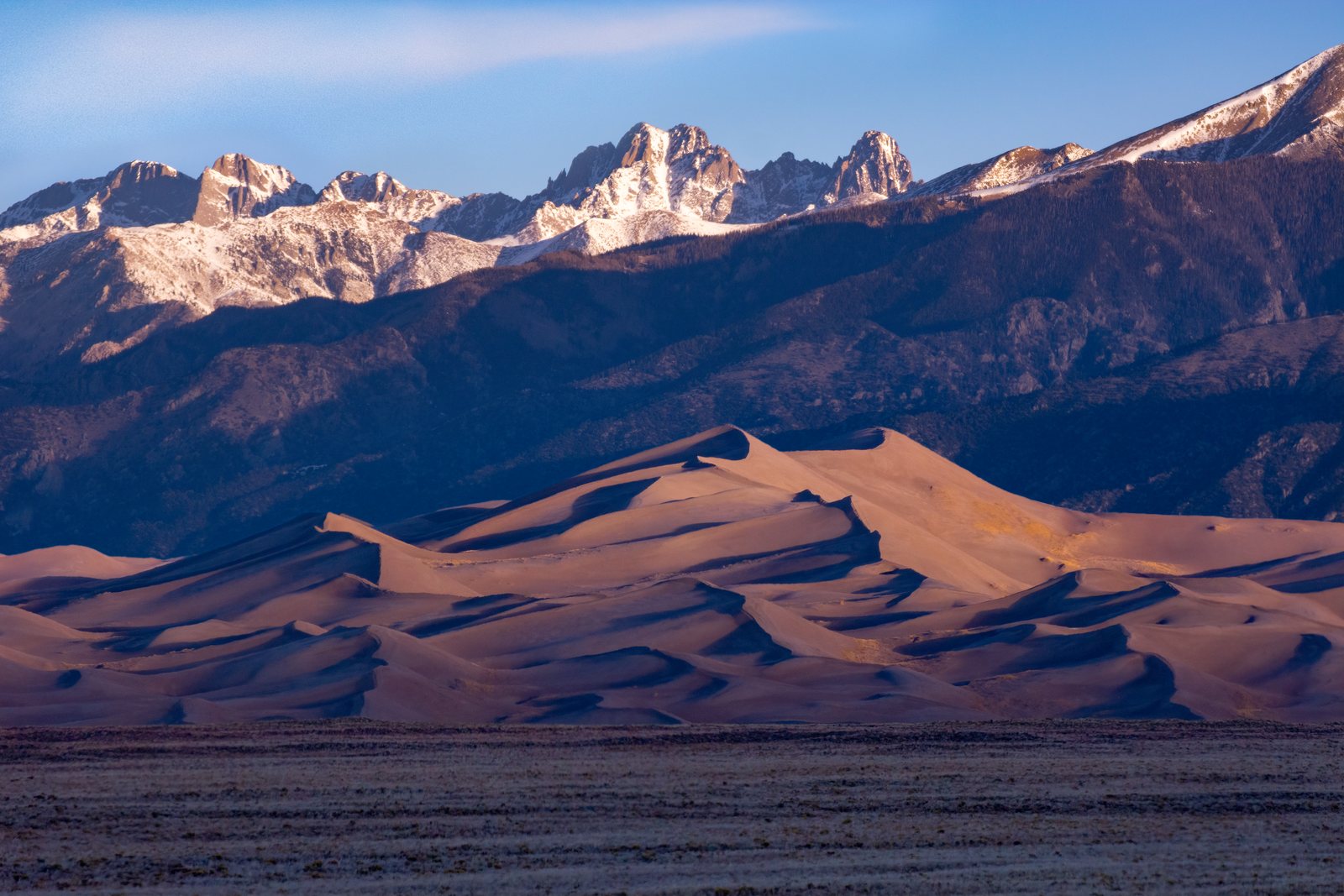 A pyramid-shaped sand dune and a field of dunes in warm morning light, snow-covered jagged peaks and dark forested slopes rising directly behind them
