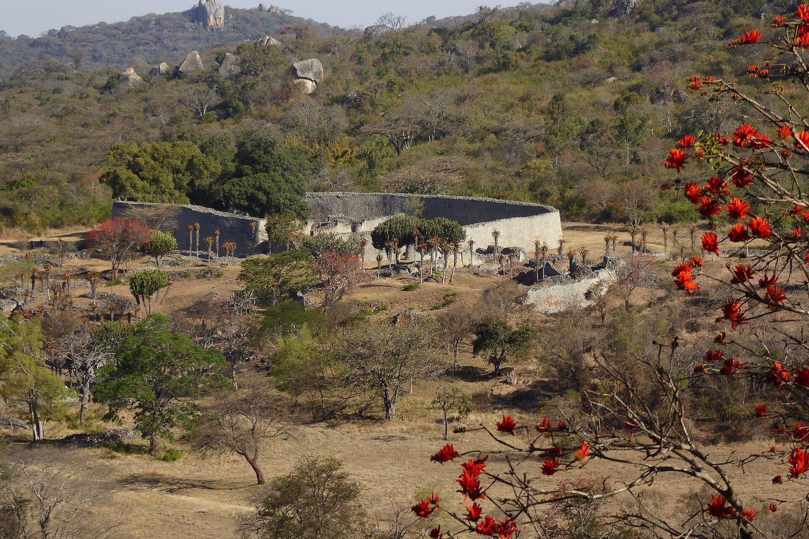 The curved granite wall of the Great Enclosure in its valley among aloes, with rocky hills behind and red coral-tree blossom at the right edge