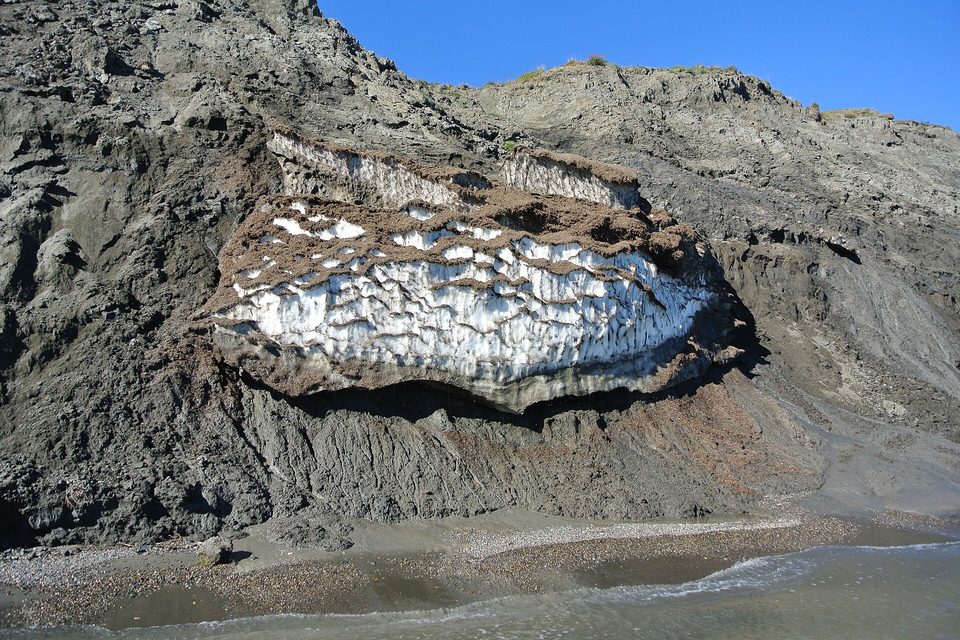A slab of white ice, ribbed and capped with brown peat, juts from a grey mud cliff above a narrow pebble beach under blue sky
