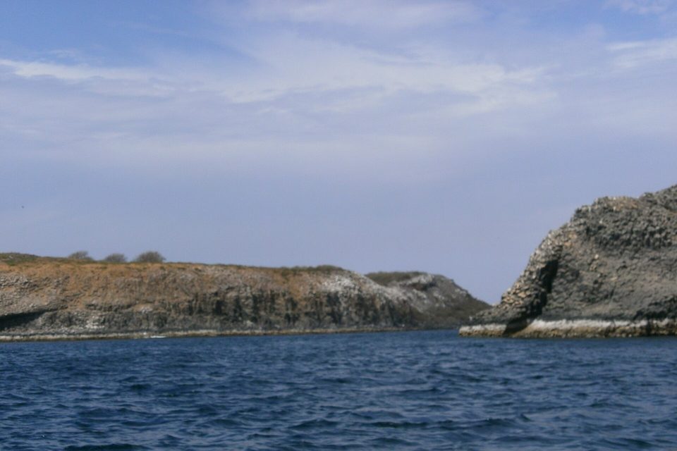 From a boat, a low cliff of dark columnar basalt runs left under a strip of dry grass and a few stunted trees, and a second basalt islet with a whitened crest rises sharply at right over choppy deep-blue water