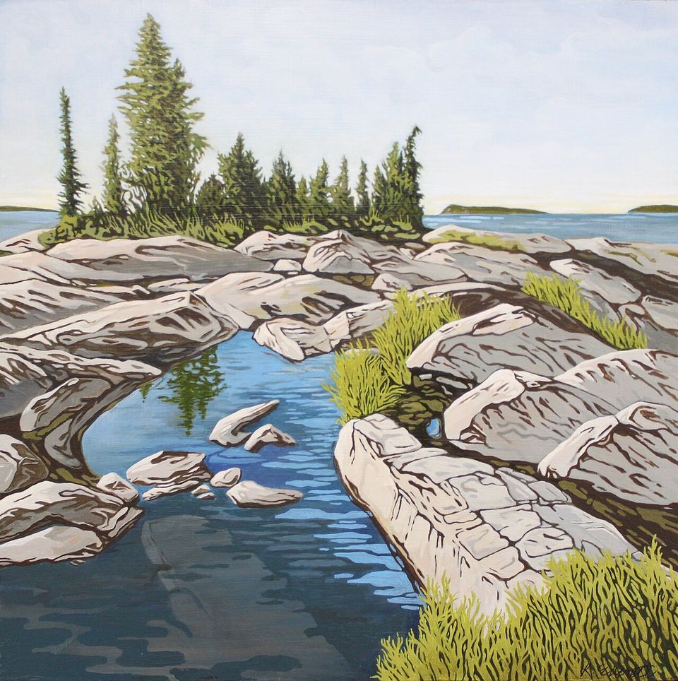 An acrylic painting of rock outcroppings with trees and grasses on top and blue water between, Lake Superior beyond