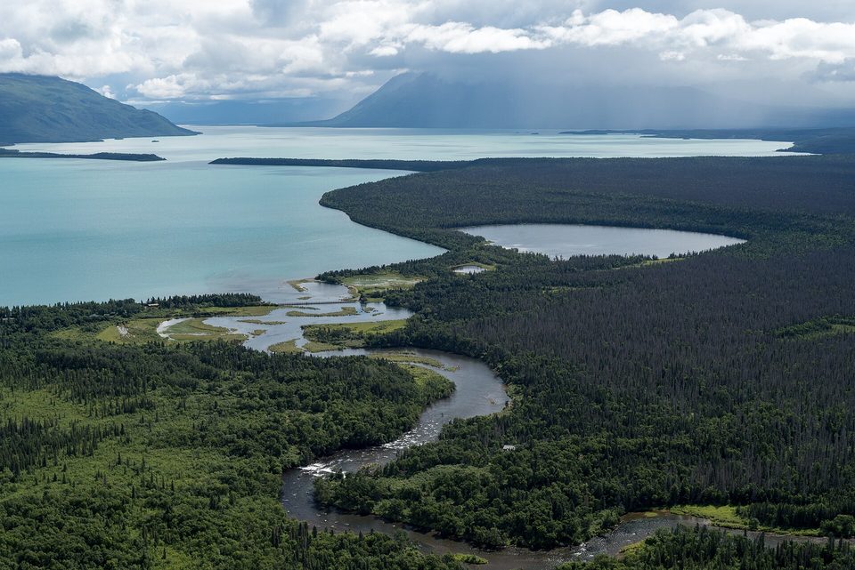 An aerial view of a winding river through dense dark forest, opening into a wide turquoise lake with mountains under rain cloud