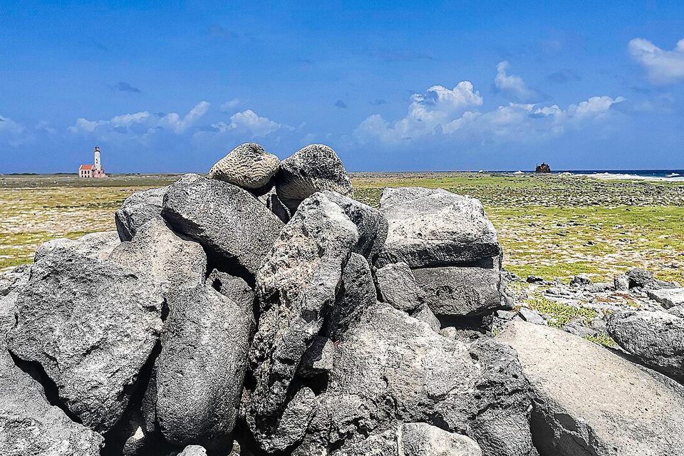 A heap of grey coral stones in the foreground, a pink lighthouse far left and a dark wreck far right on a flat green island