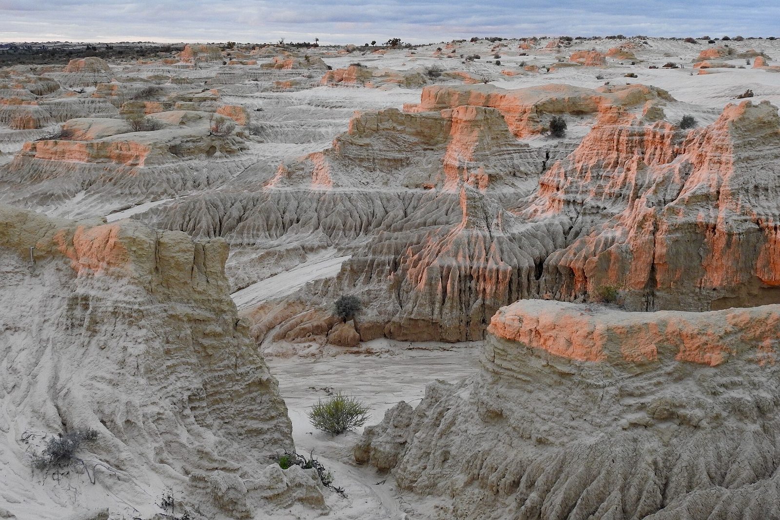 A maze of fluted grey-white sand and clay ridges, their crests lit salmon-orange, runs away to a flat horizon under a low grey sky