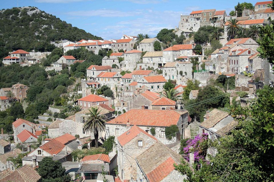 Terraced stone houses with orange tile roofs climb a green hillside among palms, a bougainvillea in flower at lower right