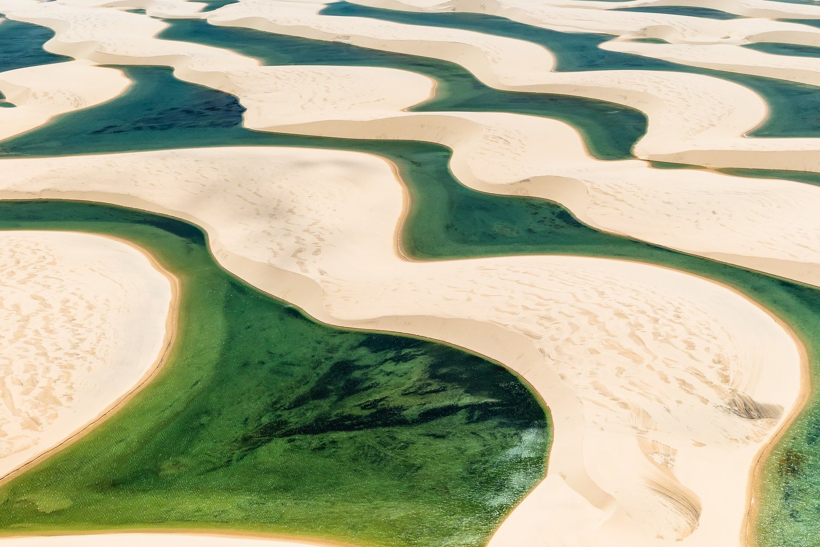 White sand dunes curving in snaking ridges between lagoons of green and blue water, seen from directly above