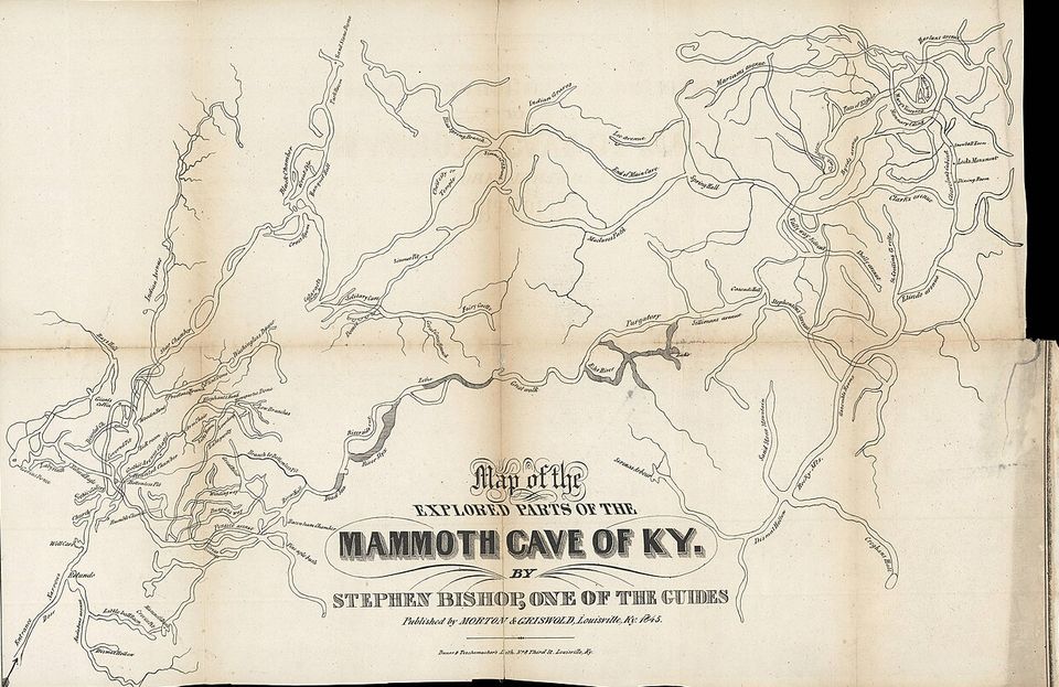 A hand-drawn map of winding cave passages with a decorative title reading "Map of the explored parts of the Mammoth Cave of KY by Stephen Bishop"