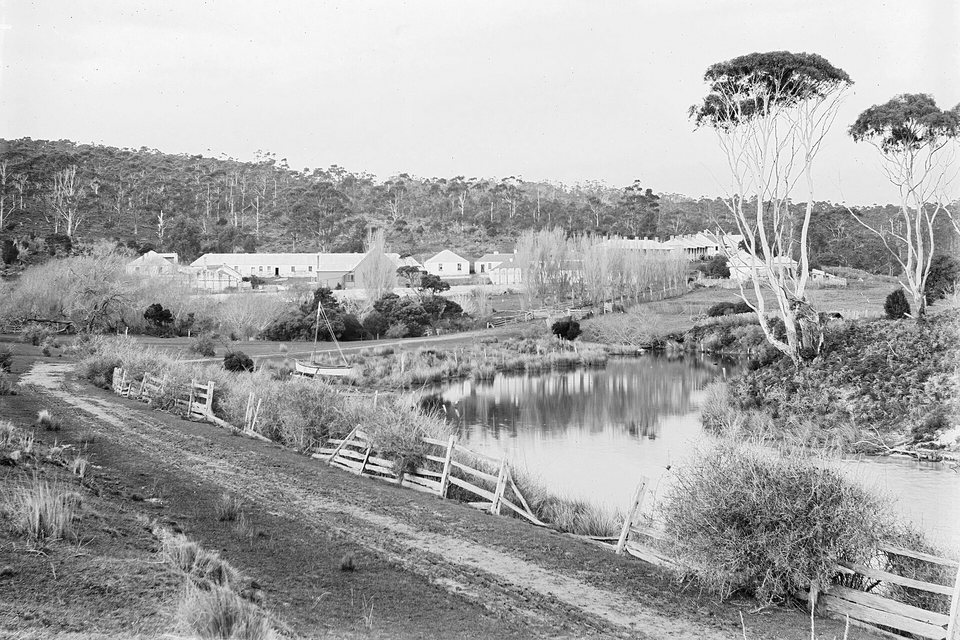 A black-and-white photograph of a row of white cottages beyond a creek, with a fenced track, a moored sailing boat and tall gum trees