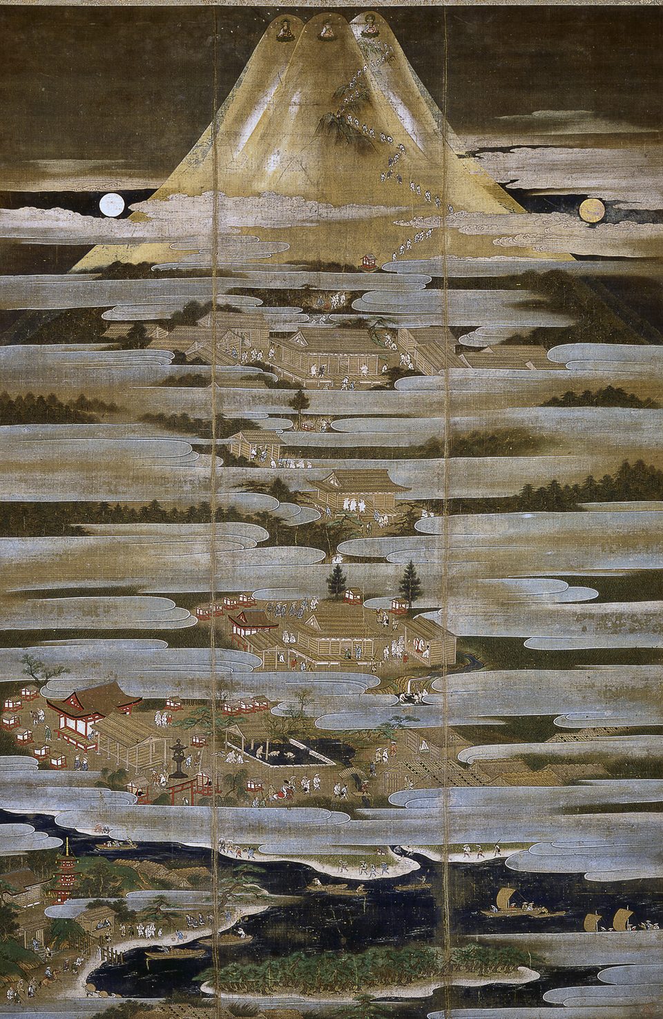 A hanging scroll painting in muted gold, ink and blue showing the peak of Mount Fuji above a shoreline and sea