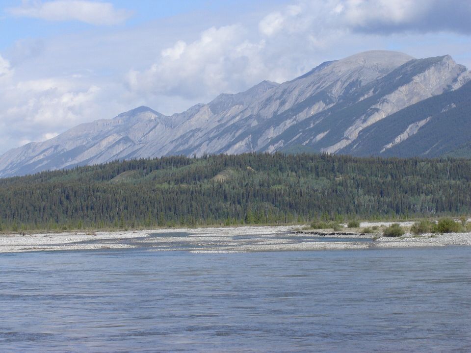 A wide braided river below long mountain ridges and a band of spruce forest