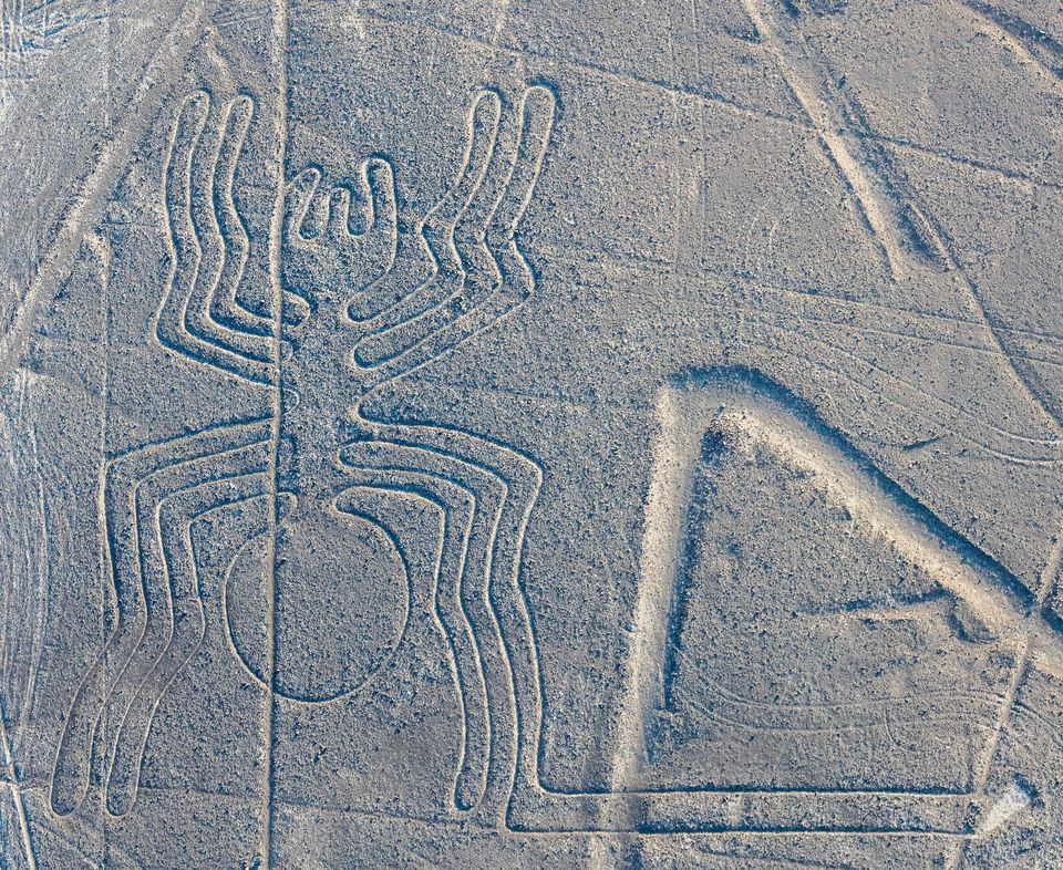 An aerial view of the spider geoglyph: eight looped legs and a round body in a pale line on the stony ground, a triangle and straight lines beside it