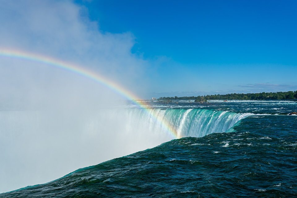 Green water sliding over the curved edge of a waterfall, a rainbow arching through the mist beneath a blue sky