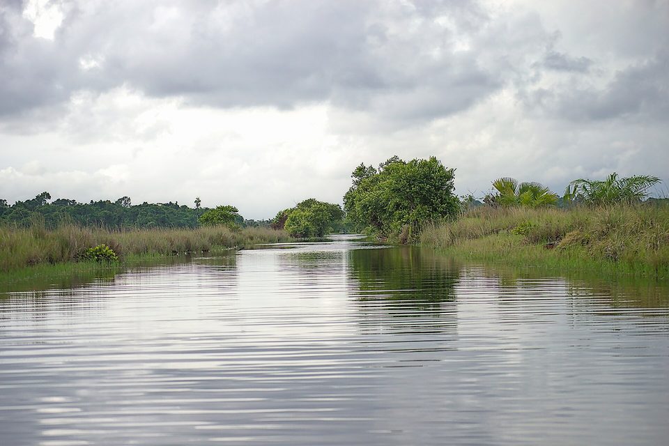 A channel of dark water running between reeds and marsh under a rain-laden sky