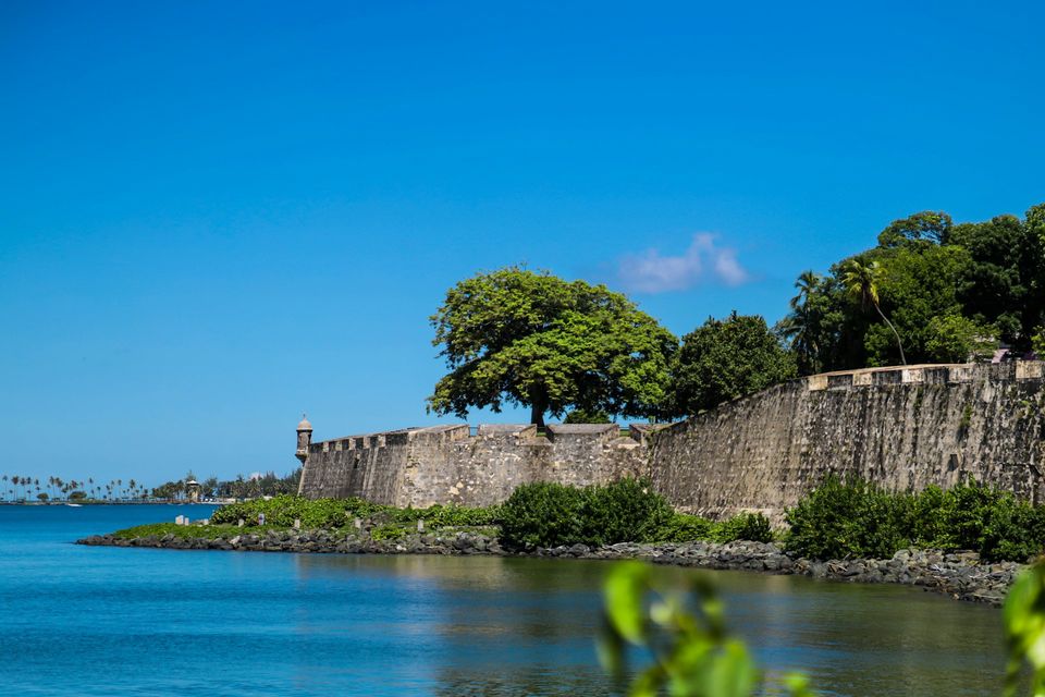 A long stone wall along the bay ending in a sentry box, a large tree beside it under a clear sky
