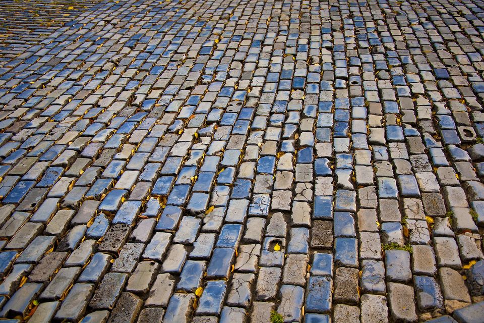 Wet blue-grey paving stones in a narrow street