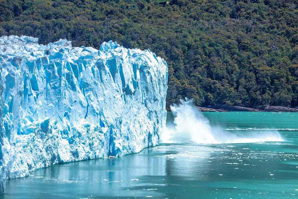 A wall of blue-white ice beside dark forest, a burst of spray rising from turquoise water where a chunk has just fallen