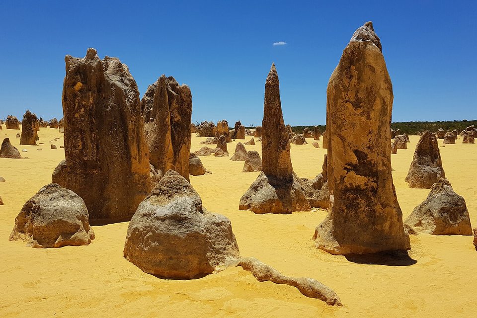 Tall weathered limestone pillars on yellow sand under a clear blue sky, low pillars and heath in the distance