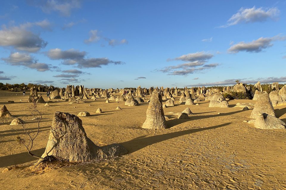 Limestone pillars casting long shadows across sand in low gold light, a few distant walkers and blue sky with scattered cloud