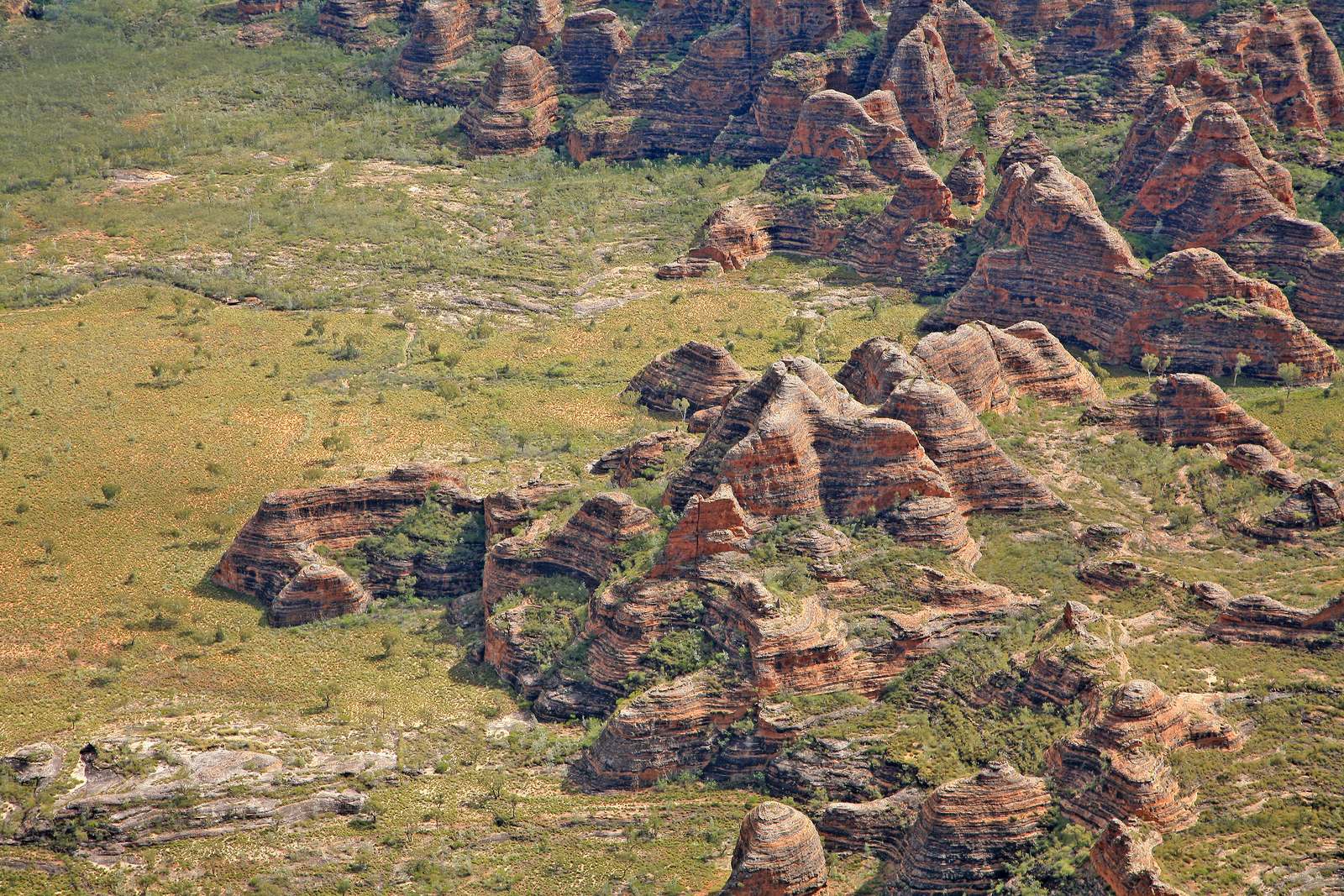 Dozens of sandstone domes seen from above, each banded in horizontal stripes of orange and dark grey, standing in ranks above pale green scrub and bare rock